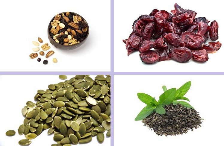 Assorted organic nuts and organic dried fruits, Organic cranberries, Organic pumpkin seeds, Kashmiri organic kahwa tea leaves
